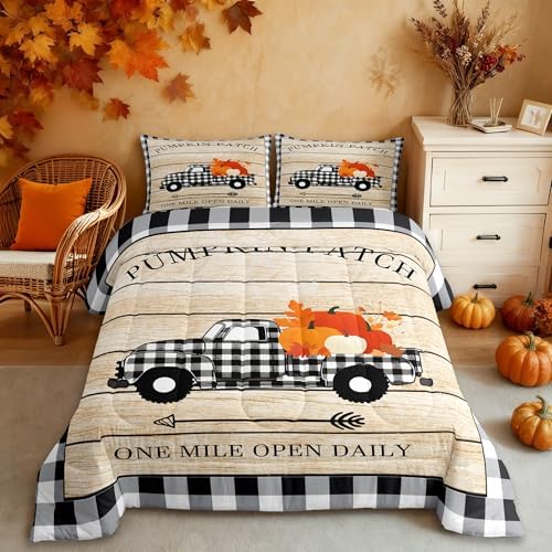 Homewish Geometric Plaid Truck Comforter Set Twin Size,Rustic Farmhouse Bedding for Kids Boys Girls Room Decor,Fall Pumpkin Themed Quilt Halloween Style Duvet Insert 2pcs with 1 Pillowcase by Homewish