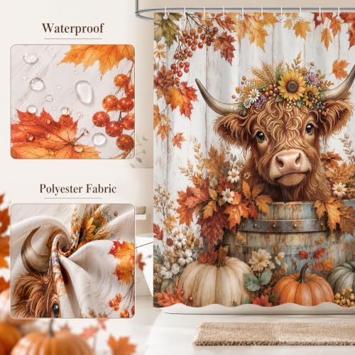 Fall Highland Cow Shower Curtain, Cute Cow Pumpkin Thanksgiving Farmhouse Animal Bathroom Decor Set, Autumn Harvest Seasonal Country Shower Curtains for Bathroom 72X72in - Image 5