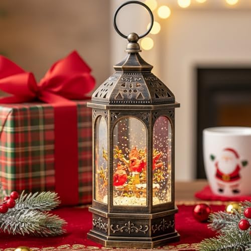 Christmas Snow Globe Lantern Water Glittering 10.5'' Cardinal with Music& Timer, USB Lined/Battery Operated Lighted Lantern for Christmas Festival Decoration Gifts - Image 2