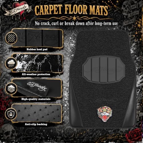 ED HARDY Tiger Print Car Floor Mats, Carpet Floor Mats with Black Leather Design, Automotive Car Mats with Built-in Heel Pad & Anti-Slip Backing, Fits Most Cars, SUVs & Trucks, Durable & Odorless