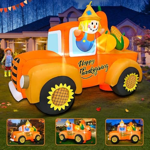 6FT Thanksgiving Inflatables Outdoor Decoration Inflatable Car with Scarecrow, Built in LED Lights Blow Up Yard Decorations for Fall Holiday Party Garden Lawn Décor - Image 3