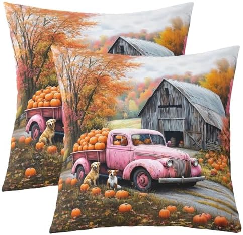 Retro Pink Truck Pillow Case Covers 2 Pack,Autumn Harvest Thanksgiving Day Rustic Cabin Pillow Covers 24"x 24" Soft Square,Fall Maple Leaves Pumpkin Cute Dog Decorative Throw Pillow Covers by Manfei