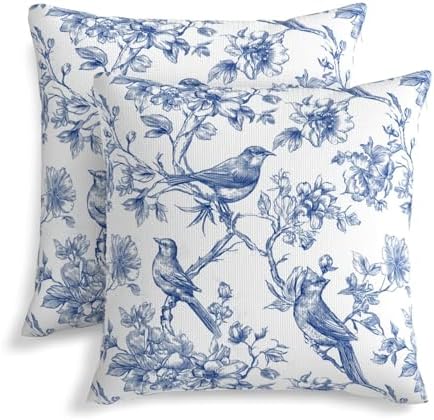 KiuLoam Blue and White Pillow Covers 20x20 Inch Set of 2, Chinoiserie Floral Bird Rustic Decorative Throw Pillows, Vintage Farmhouse Outdoor Square Cushion Cases for Sofa Couch Bed Home Decor by KiuLoam