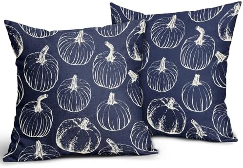 Navy Blue Fall Pumpkin Pillow Covers 22x22 Set of 2 Autumn Themed Thanksgiving Cream Print Decorative Throw Pillows Outdoor PillowCase Farmhouse Linen Cushion Case Decor for Home Sofa Couch Bed - Image 2