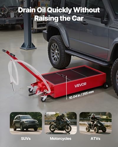 VEVOR Low Profile Oil Drain Pan, 20 Gallon Capacity, Rolling Oil Drain Pan with Manual Pump, 7.2 ft Hose & T Folding Handle, Leak-Proof & Corrosion-Resistant, Fit for Cars, SUVs, Trucks, ATVs, Red - Image 3