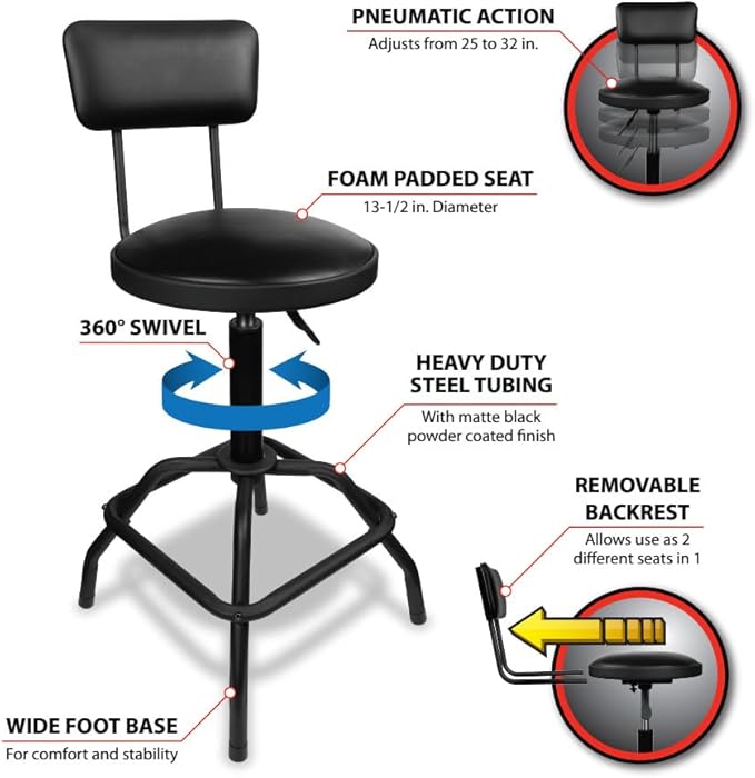 Performance Tool W85016 Pneumatic Stool w/Removable Backrest - Image 6