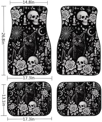 Gothic Skull Carpet Vehicle Floor Mats Retro Halloween Cat Skull 4Piece Universal Floor Mat Interior Horrible Gothic Black Cat Rose Accessories Ant Slip Mats for 1st Row