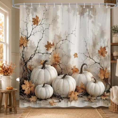 Fall Vintage Pumpkin Shower Curtain, Retro Autumn Maple Leaves Thanksgiving Harvest Farmhouse Bathroom Accessories Decor, Waterproof Fabric Bath Decor with Hooks 72 x72 Inch by Sokdacm