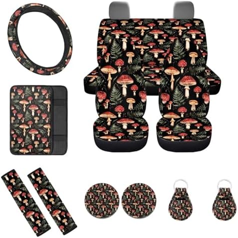 Hippie Mushroom Car Seat Cover for Women 12Pcs Cottagecore Mushroom Steering Wheel Cover Seatbelt Pads Armrest Pad Mushrooms Coaster Keychain Universal Fit