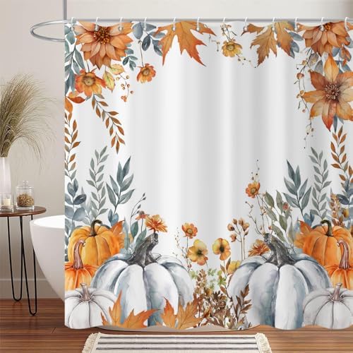 Fall Pumpkin Shower Curtain, Watercolor Autumn Pumpkins Wildflowers Plants Maple Leaves Harvest Thanksgiving Day Bathroom Curtain Waterproof Fabric Machine Washable with Hooks, 36" Wx72 L by Caheansi