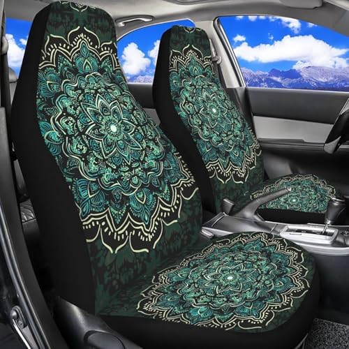 Car Seat Covers for Front Seat Breathable Green Mandala Floral Car Seats Cover Easy to Install Interior Protection Accessories Universal Fit Most Cars,SUV, Trucks