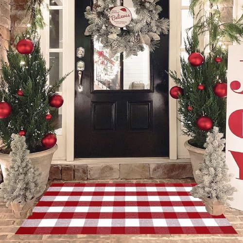 Christmas Red and White Plaid Door Mat, 3' x 5'Cotton Hand-Woven Layered Entry Mat for Front Porch, Entryway, Outdoor Holiday Decor, Washable Buffalo Check Doormat for Home, Patio, Kitchen by Homydecor