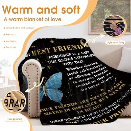 Best Friend Friendship Gifts Blanket for Women Men Mom Birthday Christmas Halloween Easter Gift Female Friends Kids Girls Boys Blue Butterfly Inspirational Words Throw Blanket 50"x60" - Image 3