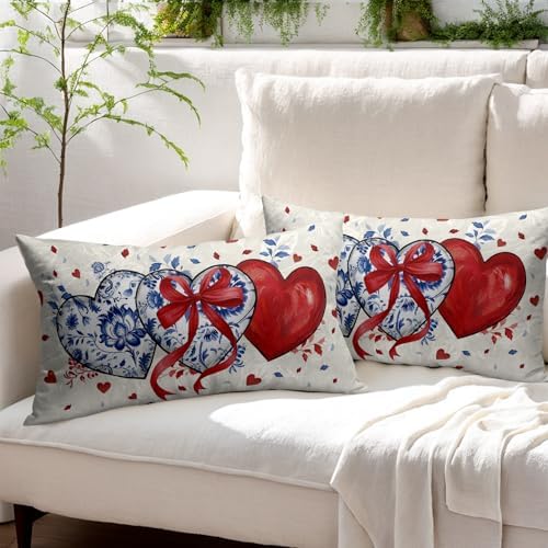 Valentines Day Pillow Covers 12x20 Set of 2 Red Blue Heart Throw Pillow Covers Love Pillowcase Linen Decoration Farmhouse Holiday Cozy Soft Cushion Case Couch for Indoor Outdoor Home Decor - Image 3