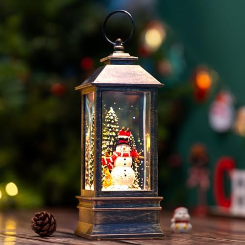 Christmas Snow Globes Water Lantern with Snowman, Black Brush Gold USB Lined Operated Lighted Lantern for Christmas Festival Decoration Gifts - Image 6