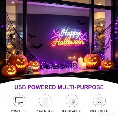 Happy Halloween Neon Sign, Spider Web Halloween LED Light, 16.9"x7.9" - Image 5