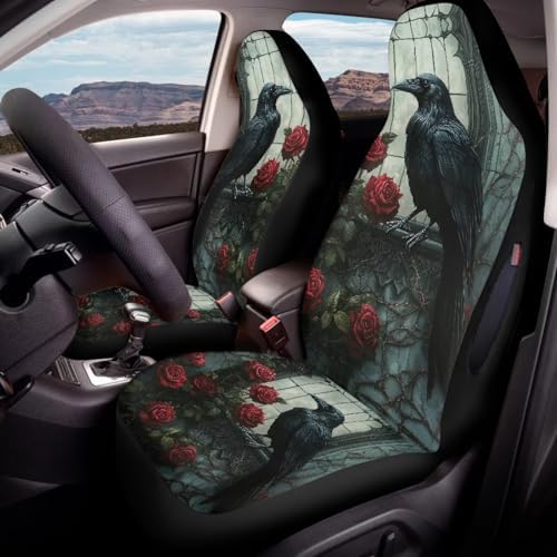 Bulopur Crow Car Seat Covers Full Set 2 Pack Waterproof Front Auto Seat Covers for Car Bucket Seats Side Air Bag Compatible Auto Interior Protector Universal for Most Cars SUV Truck