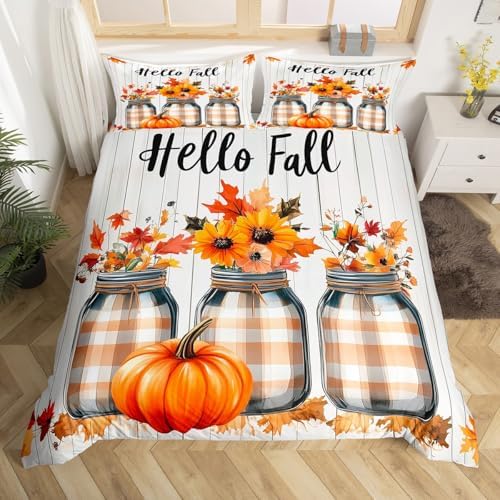 Erosebridal Fall Pumpkin Harvest Bedding Set Full, Happy Thanksgiving Duvet Cover for Kids Teens Adult Bedroom, Sunflower Maple Autumn Leaves Comforter Cover Rustic Farmhouse Barn Door Bed Set - Image 4