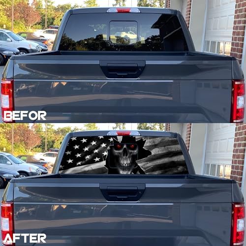 Skull American Flag Rear Window Decal for Truck,Black Flag Skull Truck Rear Window Decal,American Flag Decals for Truck Car SUV (Skull,65x17in)