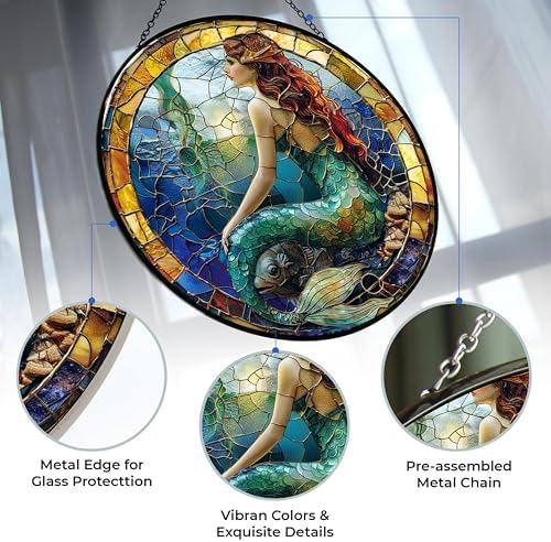 Mermaid Stained Glass Sun Catcher, Wall Hanging Colored Decor Room Indoor Window Decor, Halloween, Christmas Hanging Ornament Mother Day - Image 2