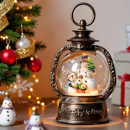 Christmas Snow Globe Lantern Water Glittering Snowman & Penguins with Music & Timer, USB Lined/Battery Operated Lighted Lantern for Christmas Festival Decoration Gifts - Image 2