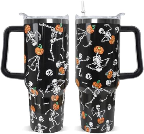 Halloween Tumbler 40oz Skull Tumbler Ghost Spooky Leak Proof Cups with Handle and Straw Insulated Water Bottle Skeleton Coffee Travel Mugs for Halloween Decor Gifts for Women Men (1PCS) by Unknown