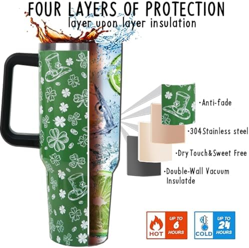 St. Patricks Day Tumbler 40oz Shamrock Tumbler Coffee Mugs Leak Proof Cups with Handle and Straw Stainless Steel Insulated Water Bottle for Lucky Irish Saint Patricks Decor Gifts(1PCS) - Image 5