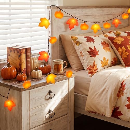Fall String Lights - 8.5Ft LED Maple Leaf Pumpkin Lights String, 3D Leaves Pumpkin String Lights Plug in for Indoor Outdoor Thanksgiving Decorations & Fall Decorations for Home Porch Mantel, 0.07W - Image 6