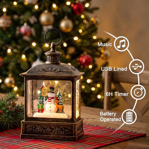 Christmas Snow Globe Lantern Water Glittering North Pole Snowman with Music & Timer, USB Lined/Battery Operated Lighted Lantern for Christmas Festival Decoration Gifts - Image 5