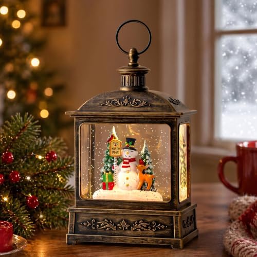 Christmas Snow Globe Lantern Water Glittering North Pole Snowman with Music & Timer, USB Lined/Battery Operated Lighted Lantern for Christmas Festival Decoration Gifts by Qualdout