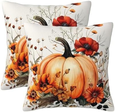 KiuLoam Vintage Fall Pillow Covers 18x18 Inch Set of 2 Vintage Red Black Orange Pumpkin Floral Autumn Print Decorative Throw Pillows Outdoor Halloween Decor Cushion Covers for Sofa Couch Bed by KiuLoam