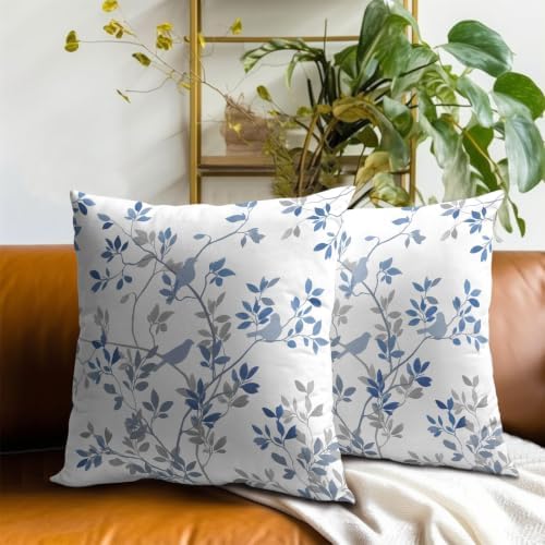 Sweetshow Blue Grey Leaf Branch Jacquard Throw Pillow Covers 20x20 Inch Set of 2 Bird and Leaf Decorative Pillowcase Square Cushion Covers for Home Couch Sofa Patio Bedroom - Image 7