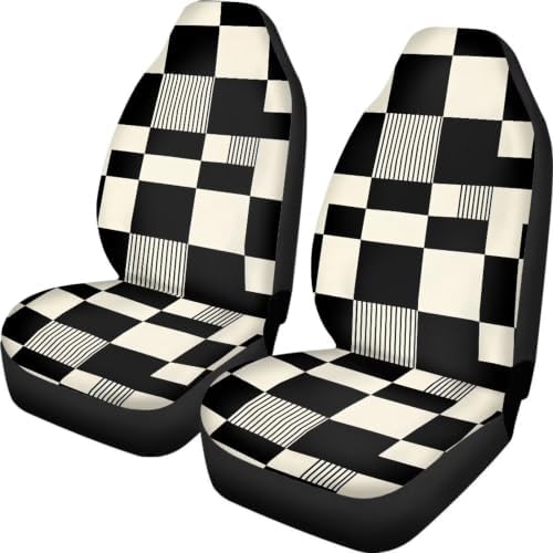 Checkered Stripe Print Car Seat Covers Set of 2 Black and White Universal Seat Protector for SUV Truck Van Cars, Breathable Auto Seat Protectors for Women Men