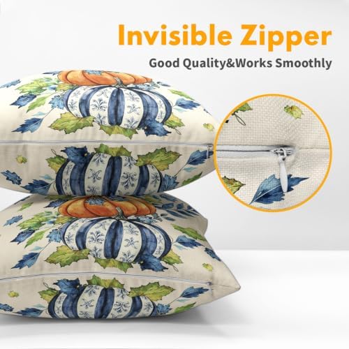 Fall Pumpkin Pillow Covers 22x22 Set of 2 Blue Orange Maple Leaves Bow Chinoiserie Outdoor Throw Pillows Covers Autumn Thanksgiving Harvest Decorative Farmhouse Cushion Case for Living Room Couch Sofa - Image 5