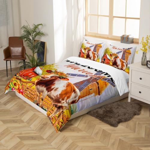 Fall Harvest Kids Duvet Cover Set Queen Size,Cow Rustic Farmhouse Bedding Set,Girls Boys Adults Room/Cabin Decor,Sunflowers Pumpkin Autumn Comforter Cover,Colorful Bright Quilt Cover,2 Pillowcases - Image 5