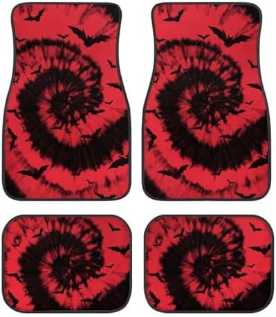 Red Black Tie Dye Bat Print Funny Halloween Car Floor Mats 4 PCS, Cute Durable Interior Accessories for Car SUV, All Weather Floor Mats with Front Rear Trunk Liners Set for Party