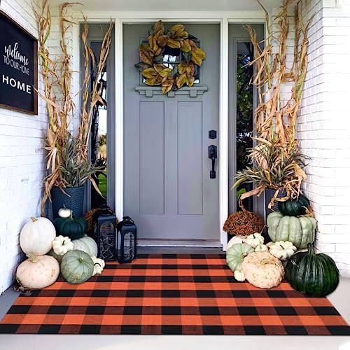 Orange and Black Plaid Rug, 4' x 6' Fall Outdoor Front Door Decor Mat, Cotton Washable Hand-Woven Rug for Layered Doormat, Autumn Halloween Thanksgiving Carpet for Porch, Entryway by Homydecor