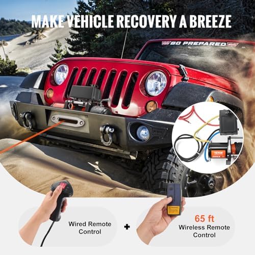 VEVOR Electric Winch, 6000 lb Truck Trailer Winch, 12V DC 1/4 in x 55 ft Synthetic Rope Aluminum Fairlead Wireless & Wired Remote Control, IP55 Waterproof Towing for Off Road SUV ATV UTV Jeep Boat - Image 5