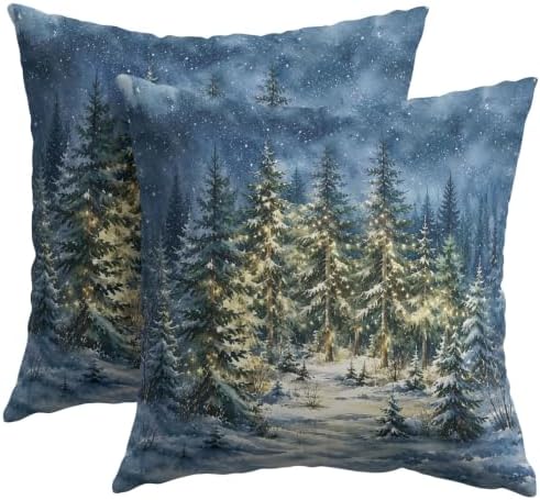 Winter Forest Blue Throw Pillow Covers 24x24 Set of 2 Snowy Night Pine Tree - Image 2