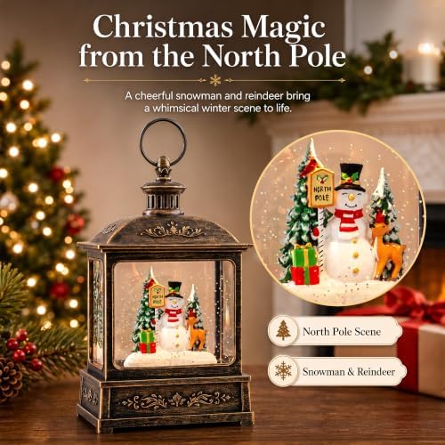 Christmas Snow Globe Lantern Water Glittering North Pole Snowman with Music & Timer, USB Lined/Battery Operated Lighted Lantern for Christmas Festival Decoration Gifts - Image 2