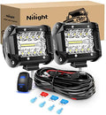Nilight 2PC 4Inch Triple Row Lights 60W Flood Spot Combo 6000LM Bar Driving Boat Led Off Road Trucks with 12V On/Off 5 Pin Rocker Switch Power 16AWG Wiring Harness Kit-2 Leads