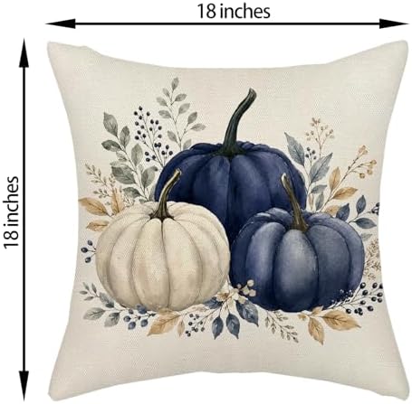 Fall Pillow Covers 18x18 Set of 2 Blue White Pumpkin Eucalyptus Leaves Pillow Covers Autumn Decorative Ourdoor Pillow Cases Thanksgiving Harvest Farmhouse Linen Cushion Cover for Couch Decor - Image 2