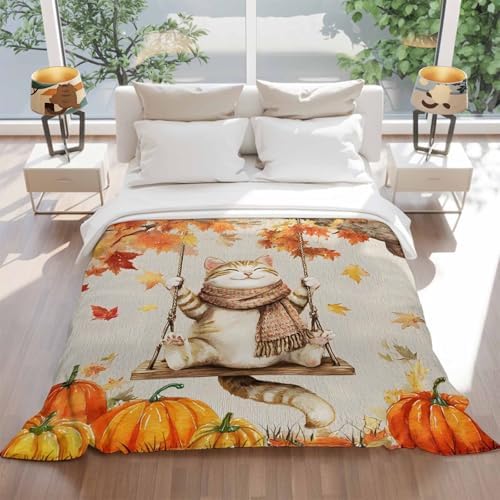 DecorLovee Fall Cat Blanket 60"x80", Reversible Thanksgiving Cute Throw Blanket for Couch/Bed, Orange Maple Leaf Pumpkins Lightweight Soft Throw Blankets for Men, Warm Fuzzy Blankets for Winter - Image 5