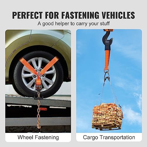 VEVOR Car Tie Down with Chain Anchors, Lasso Style 2"×120" Tire Straps, 5865 LBS Working Load, 11023 LBS Breaking Strength, with Heavy Duty Ratchets for Passenger Car, ATV, SUV, UTV, Truck, 4-Pack