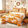 Fall Pumpkin Bed Sheets Full Autumn Maple Leaves Bedding Set Thanksgiving Harvest Season Decor Sheet Set For Home,Rustic Farmhouse Sunflower Fitted Sheet Orange White Flat Sheet + 2 Pillow Cases by Erosebridal