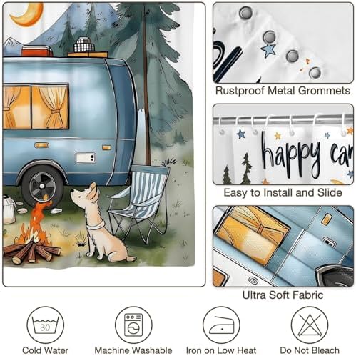 Small Stall Shower Curtain for RV 36x72 Inch, Half Narrow Happy Camper Shower Curtain RV Summer Camping Campfire Scene Forest Mountain Tent Bathroom Curtains Decor Waterproof with 6 Hooks - Image 4