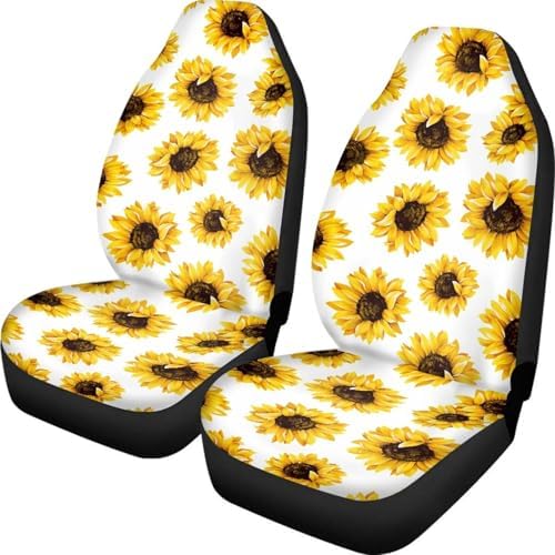 White Yellow Sunflower Print Car Seat Cover Colorful Cute Print Front Seat Covers 2 pcs, Vehicle Seat Protector Car Mat Covers, Fit Most Vehicle, Cars, Sedan, Truck, SUV, Van