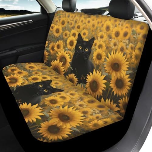 Black Cat Sunflower Print Print 4pcs Car Seat Covers Universal Bucket Seat Covers with Front Rear Split Bench Protector Covers Fits for Most Sedan Truck Auto Interior Accessories