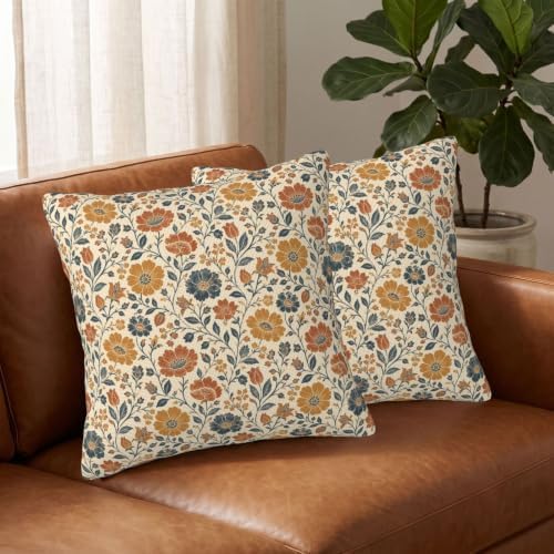KiuLoam Fall Vintage Floral Block Print Throw Pillow Covers 24x24 Set of 2 - Image 3