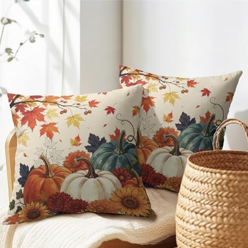 Fall Pumpkin Pillow Covers 20x20 Inch Set of 2, Autumn Blue Orange Throw Pillow Covers Harvest Thanksgiving Pillowcase, Maple Leaf Decorative Seasonal Cushion Case Couch for Indoor Outdoor Home Decor - Image 7